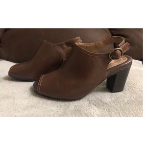 Brown Leather Open Toe Heeled Bootie